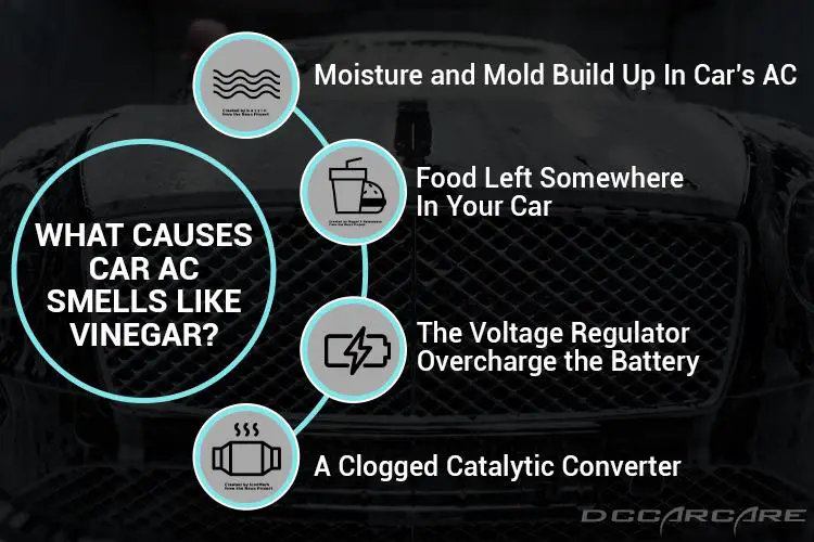 moisture, food, voltage regulator overcharged, clogged battery can cause vinegar smell in car ac.